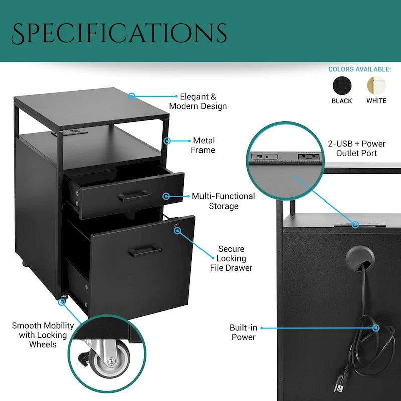 Meuble Classeur Roulant Compact avec Serrure, Port USB et Prise de Courant