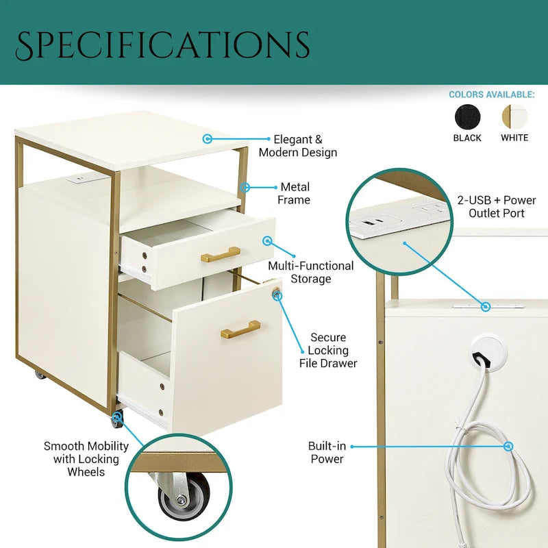 Meuble Classeur Roulant Compact avec Serrure, Port USB et Prise de Courant