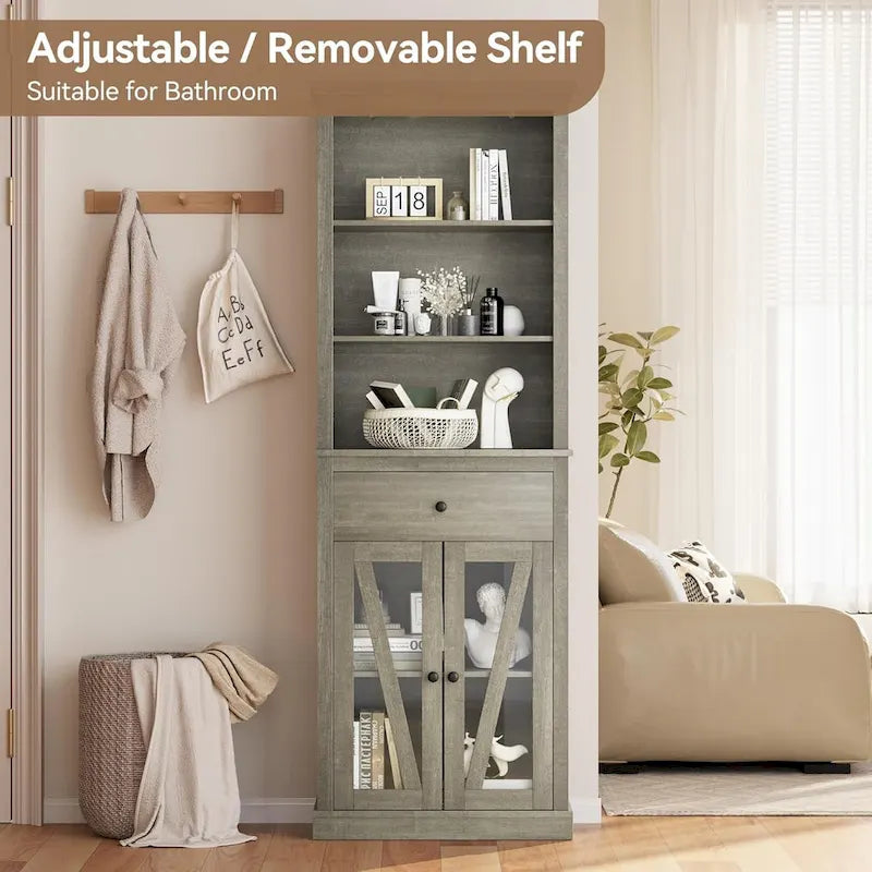 Meuble de salle de bain haut 67 po, Armoire de rangement avec étagères