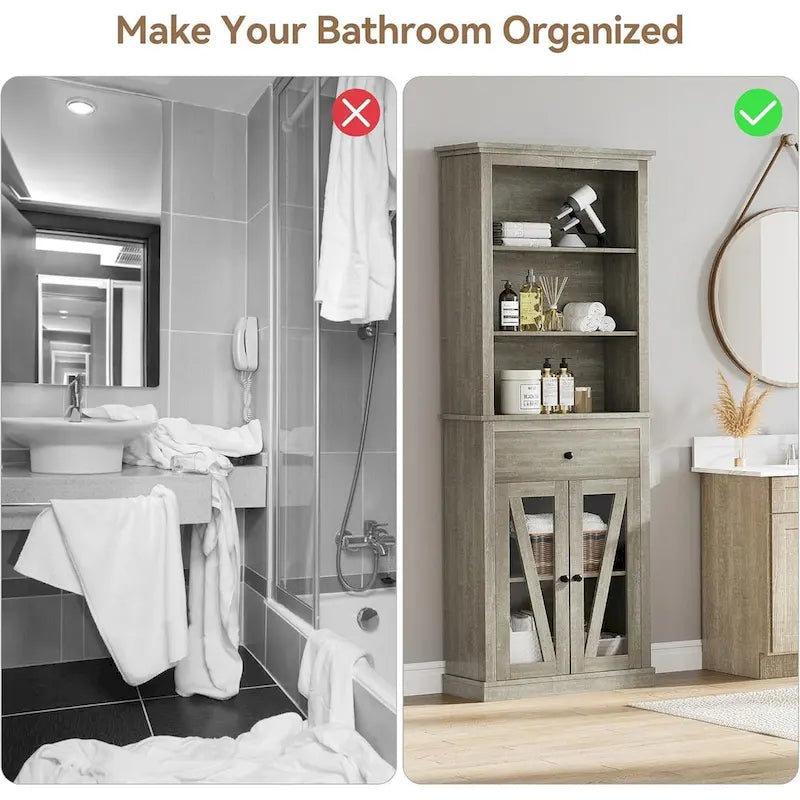 Meuble de salle de bain haut 67 po, Armoire de rangement avec étagères