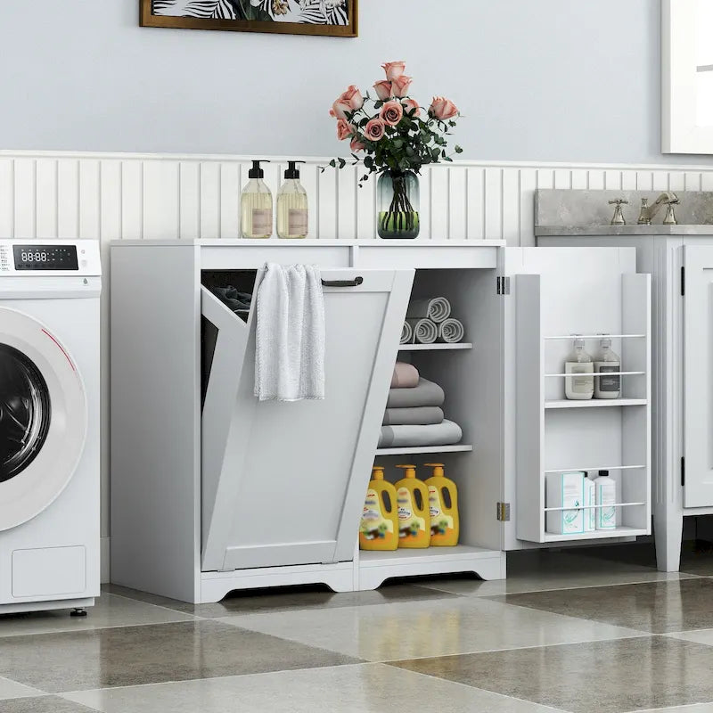 Meuble de salle de bain autoportant avec panier à linge basculant et étagère réglablePorte avec étagères
