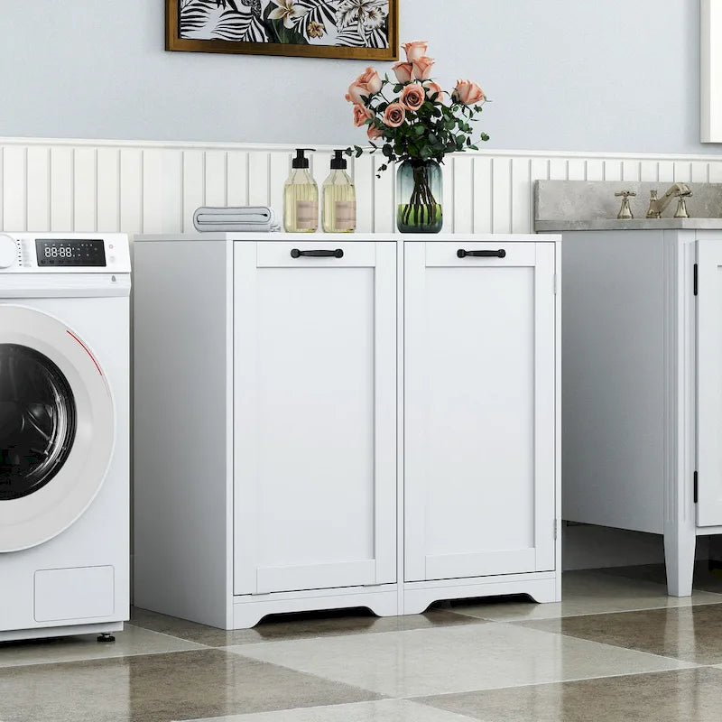 Meuble de salle de bain autoportant avec panier à linge basculant et étagère réglablePorte avec étagères