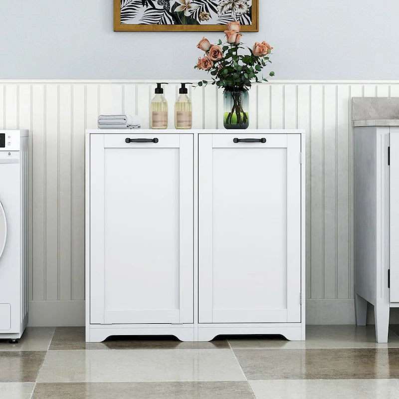 Meuble de salle de bain autoportant avec panier à linge basculant et étagère réglablePorte avec étagères