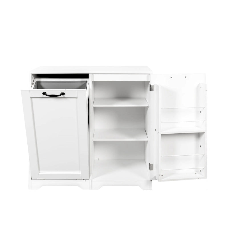 Meuble de salle de bain autoportant avec panier à linge basculant et étagère réglablePorte avec étagères
