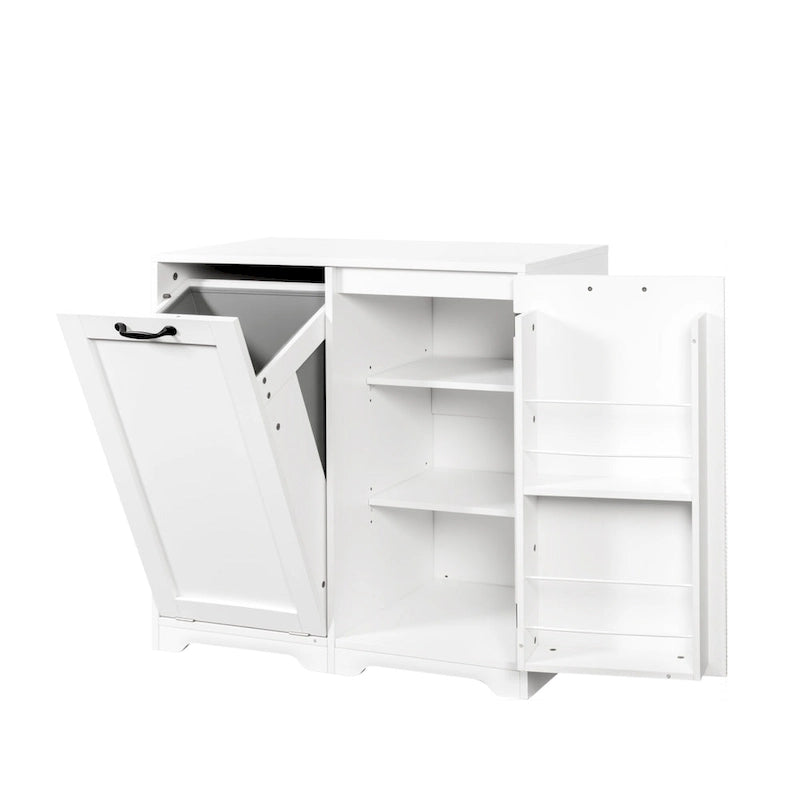 Meuble de salle de bain autoportant avec panier à linge basculant et étagère réglablePorte avec étagères