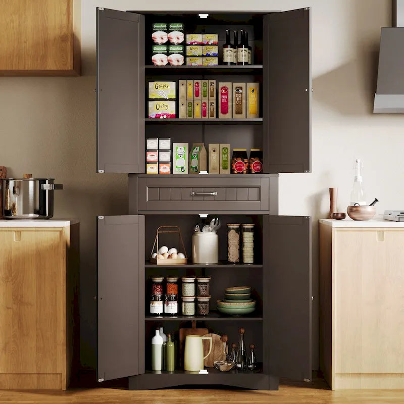 71 Kitchen Pantry Storage Cabinet, Freestanding Pantry Organizers and Storage Cabinet with 4 Doors and 4 Adjustable Shelves