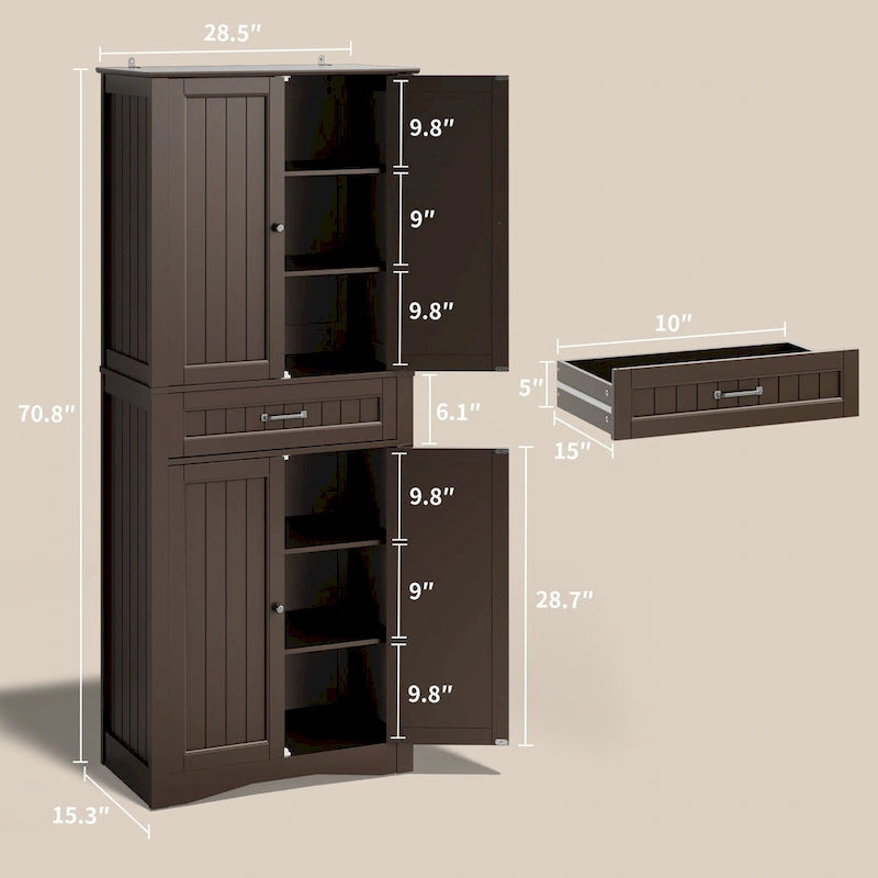 Meuble de Rangement pour Cellier de Cuisine 71", Meuble Autonome de Rangement et d'Organisation avec 4 Portes et 4 Étagères Réglables