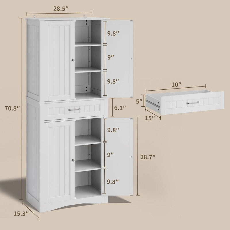 Meuble de Rangement pour Cellier de Cuisine 71", Meuble Autonome de Rangement et d'Organisation avec 4 Portes et 4 Étagères Réglables