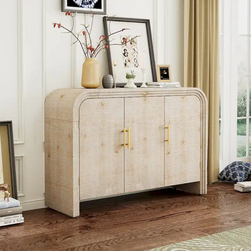 Meuble de rangement en bois à 4 portes, Buffet incurvé avec poignées dorées, Meuble de buffet avec étagères réglables