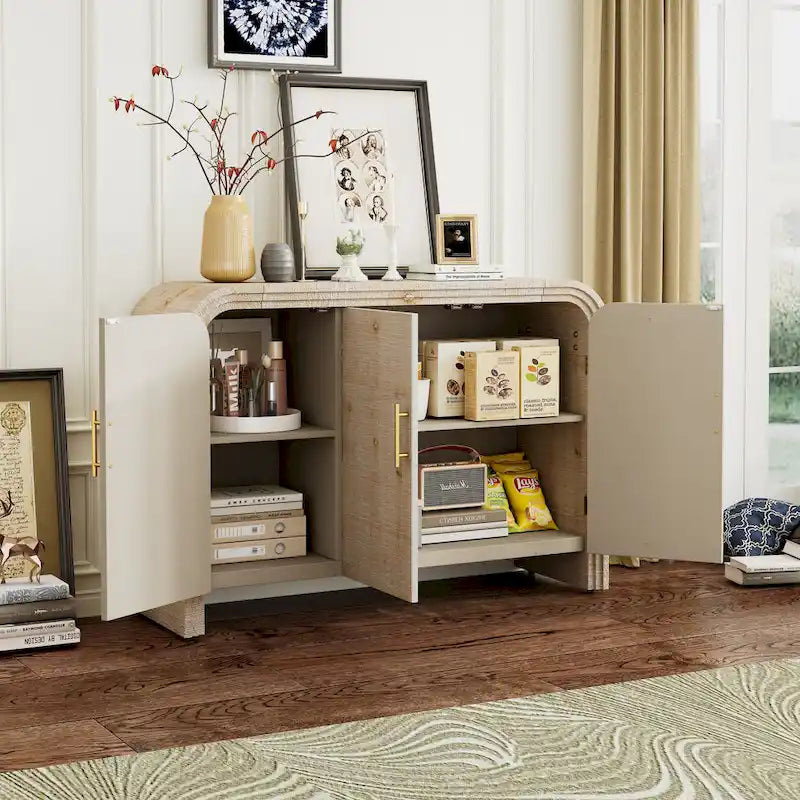 Meuble de rangement en bois à 4 portes, Buffet incurvé avec poignées dorées, Meuble de buffet avec étagères réglables