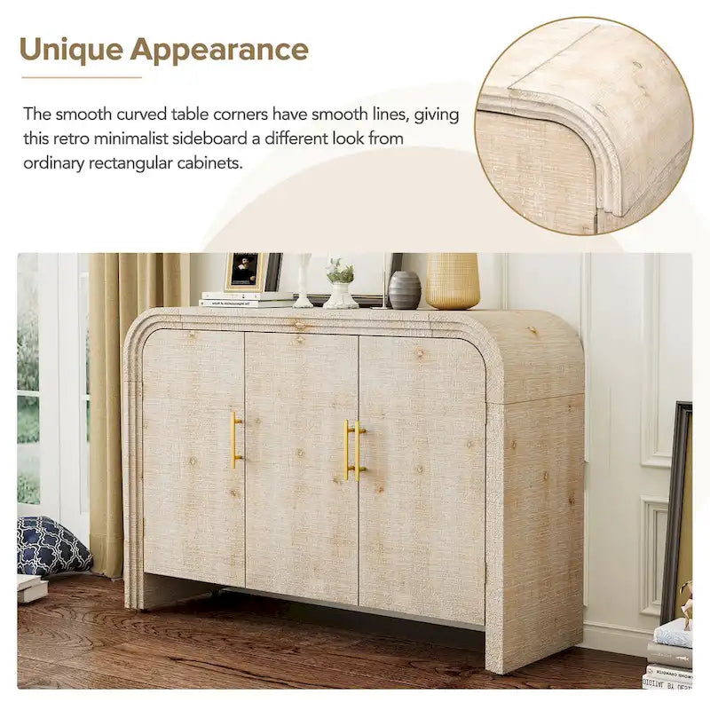Meuble de rangement en bois à 4 portes, Buffet incurvé avec poignées dorées, Meuble de buffet avec étagères réglables