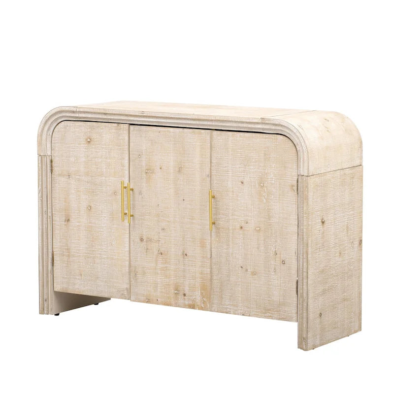 Meuble de rangement en bois à 4 portes, Buffet incurvé avec poignées dorées, Meuble de buffet avec étagères réglables