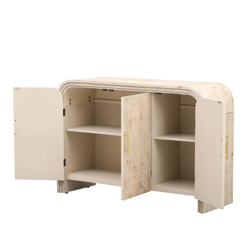 Meuble de rangement en bois à 4 portes, Buffet incurvé avec poignées dorées, Meuble de buffet avec étagères réglables