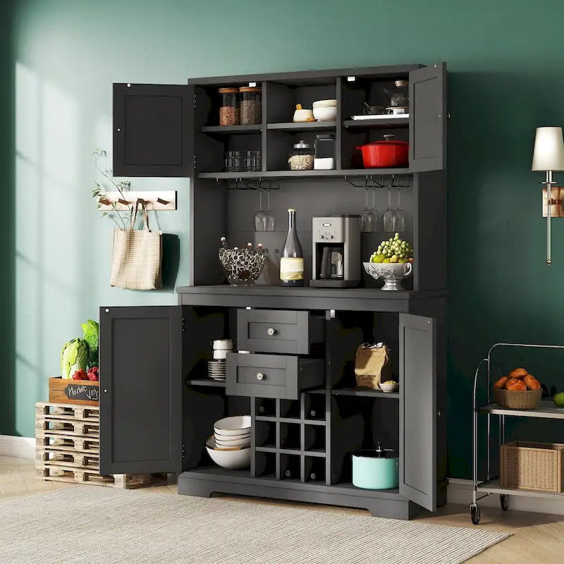 Meuble de bar à café avec tiroirs, garde-manger de cuisine autoportant avec étagères et armoires, buffet avec porte-verres