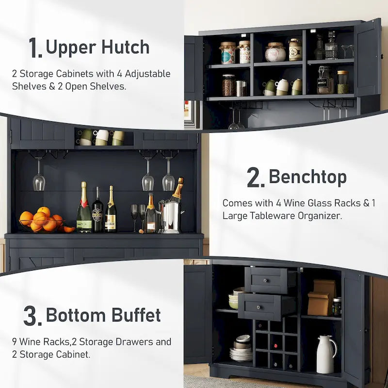Meuble de bar à café avec tiroirs, garde-manger de cuisine autoportant avec étagères et armoires, buffet avec porte-verres