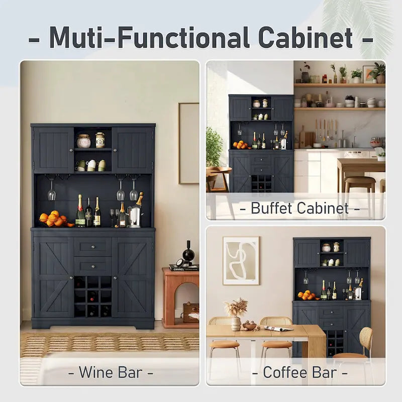 Meuble de bar à café avec tiroirs, garde-manger de cuisine autoportant avec étagères et armoires, buffet avec porte-verres