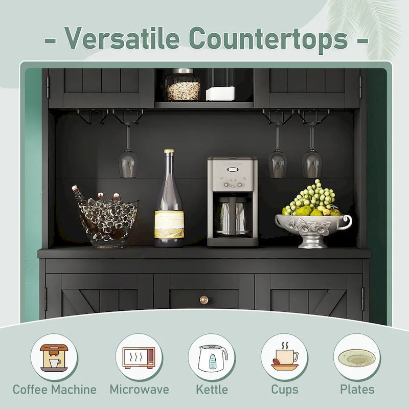 Meuble de bar à café avec tiroirs, garde-manger de cuisine autoportant avec étagères et armoires, buffet avec porte-verres