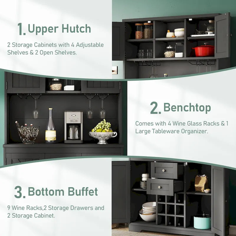 Meuble de bar à café avec tiroirs, garde-manger de cuisine autoportant avec étagères et armoires, buffet avec porte-verres