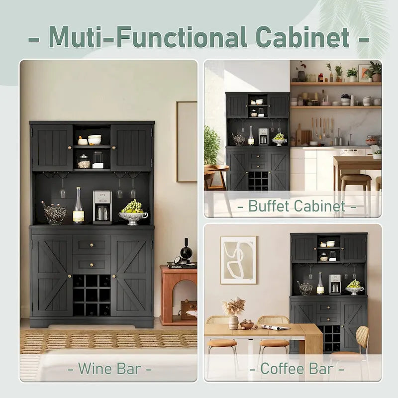Meuble de bar à café avec tiroirs, garde-manger de cuisine autoportant avec étagères et armoires, buffet avec porte-verres