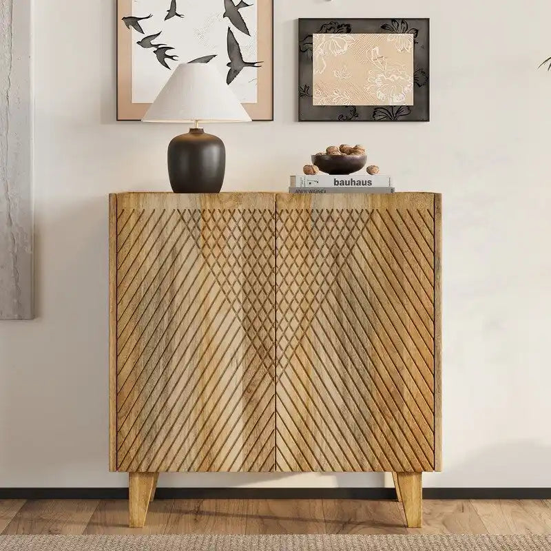Meuble d'appoint en bois avec rangement, Meuble de rangement rustique en bois de manguier avec design cannelé et étagère réglable
