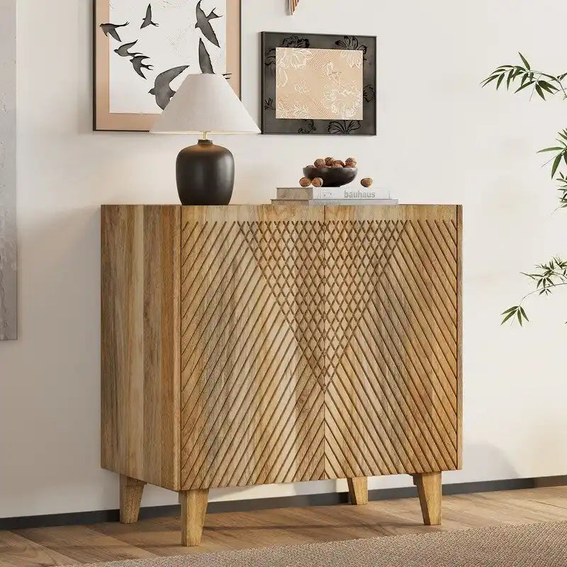 Meuble d'appoint en bois avec rangement, Meuble de rangement rustique en bois de manguier avec design cannelé et étagère réglable