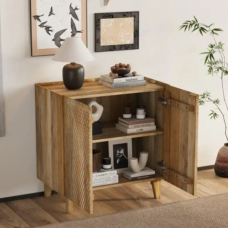 Meuble d'appoint en bois avec rangement, Meuble de rangement rustique en bois de manguier avec design cannelé et étagère réglable