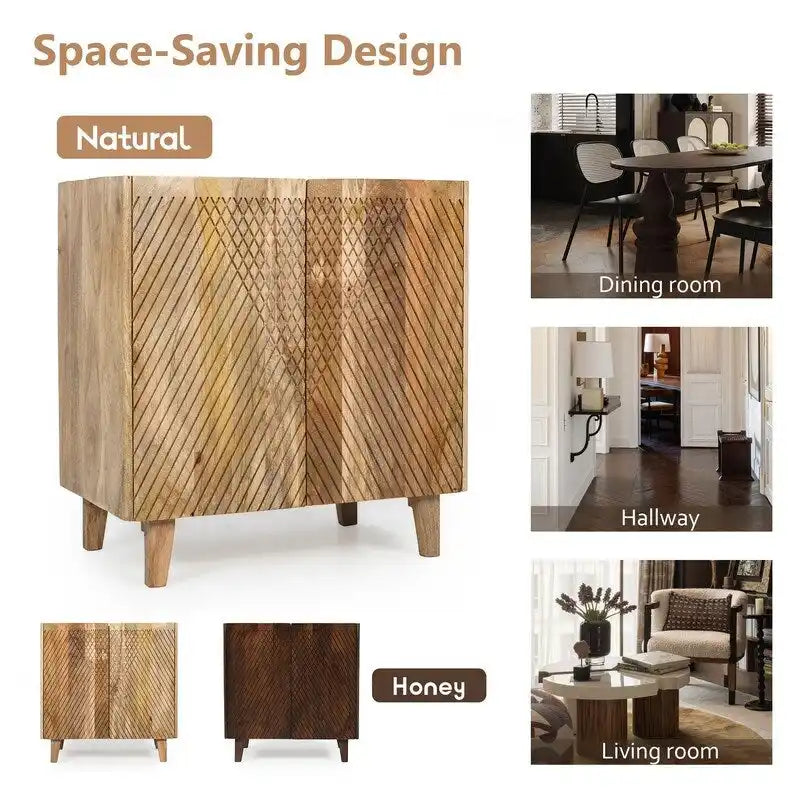 Meuble d'appoint en bois avec rangement, Meuble de rangement rustique en bois de manguier avec design cannelé et étagère réglable