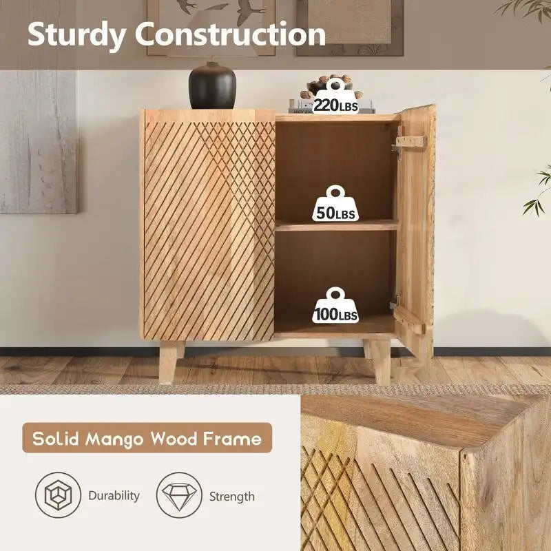 Meuble d'appoint en bois avec rangement, Meuble de rangement rustique en bois de manguier avec design cannelé et étagère réglable