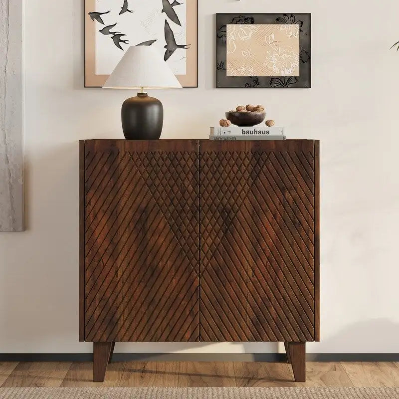 Meuble d'appoint en bois avec rangement, Meuble de rangement rustique en bois de manguier avec design cannelé et étagère réglable