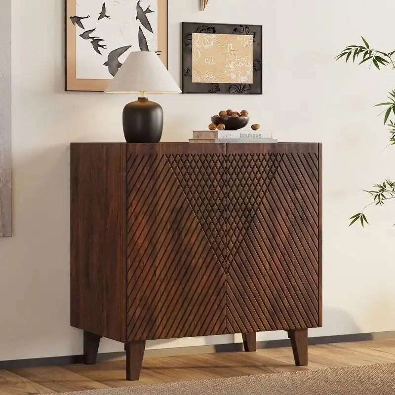 Meuble d'appoint en bois avec rangement, Meuble de rangement rustique en bois de manguier avec design cannelé et étagère réglable