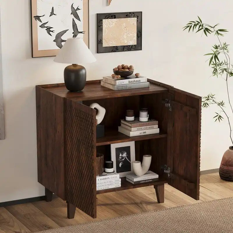 Meuble d'appoint en bois avec rangement, Meuble de rangement rustique en bois de manguier avec design cannelé et étagère réglable