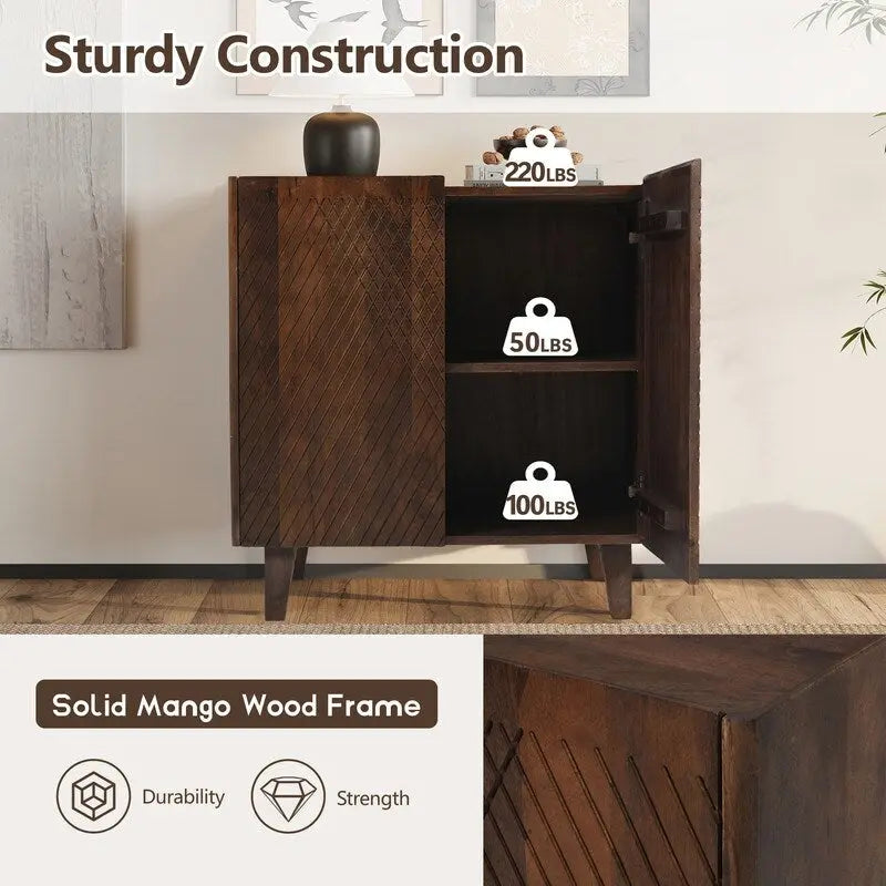 Meuble d'appoint en bois avec rangement, Meuble de rangement rustique en bois de manguier avec design cannelé et étagère réglable