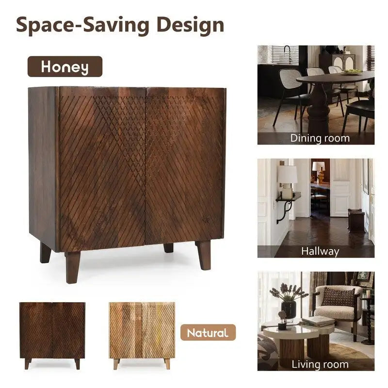 Meuble d'appoint en bois avec rangement, Meuble de rangement rustique en bois de manguier avec design cannelé et étagère réglable