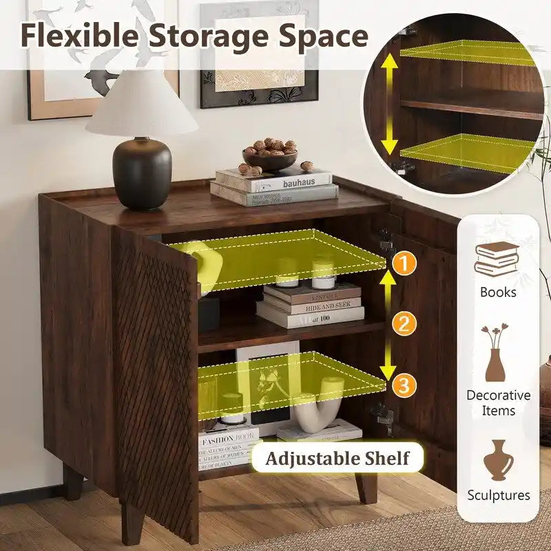 Meuble d'appoint en bois avec rangement, Meuble de rangement rustique en bois de manguier avec design cannelé et étagère réglable