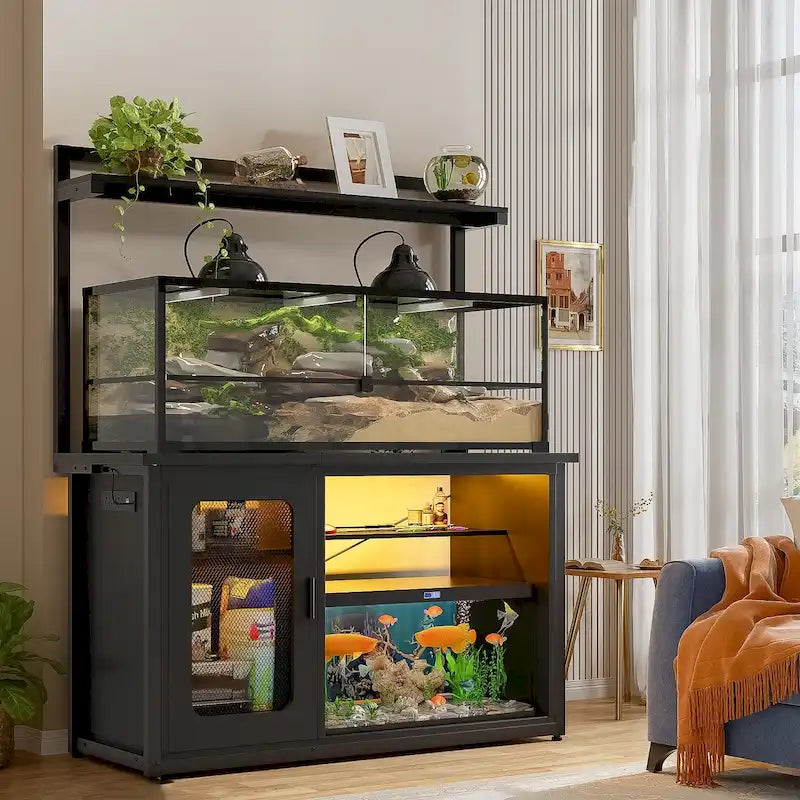 Meuble d'aquarium robuste avec placard réversible, support pour aquarium de 208-284 litres avec prises de courant et éclairage LED