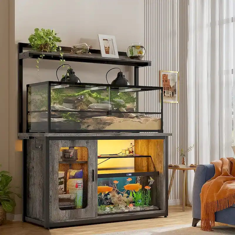 Meuble d'aquarium robuste avec placard réversible, support pour aquarium de 208-284 litres avec prises de courant et éclairage LED