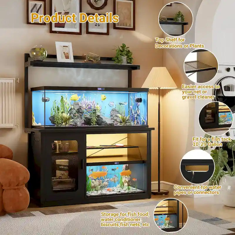 Meuble d'aquarium robuste avec placard réversible, support pour aquarium de 208-284 litres avec prises de courant et éclairage LED