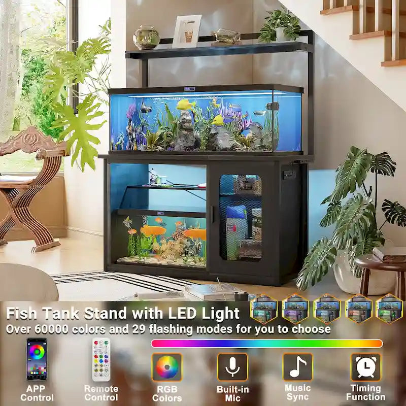 Meuble d'aquarium robuste avec placard réversible, support pour aquarium de 208-284 litres avec prises de courant et éclairage LED
