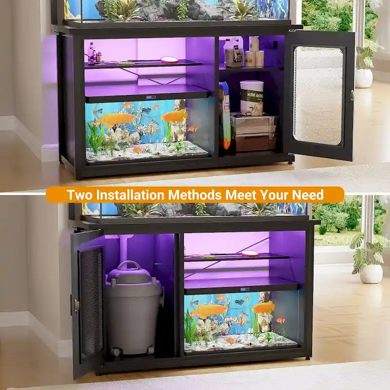 Meuble d'aquarium robuste avec placard réversible, support pour aquarium de 208-284 litres avec prises de courant et éclairage LED