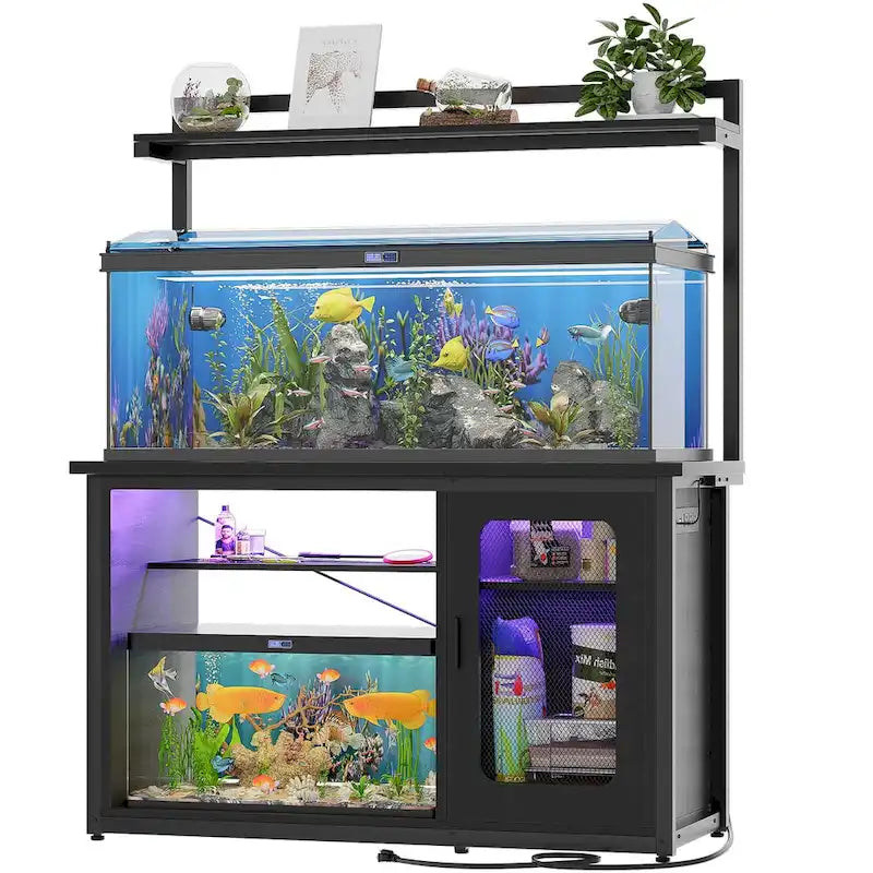 Meuble d'aquarium robuste avec placard réversible, support pour aquarium de 208-284 litres avec prises de courant et éclairage LED
