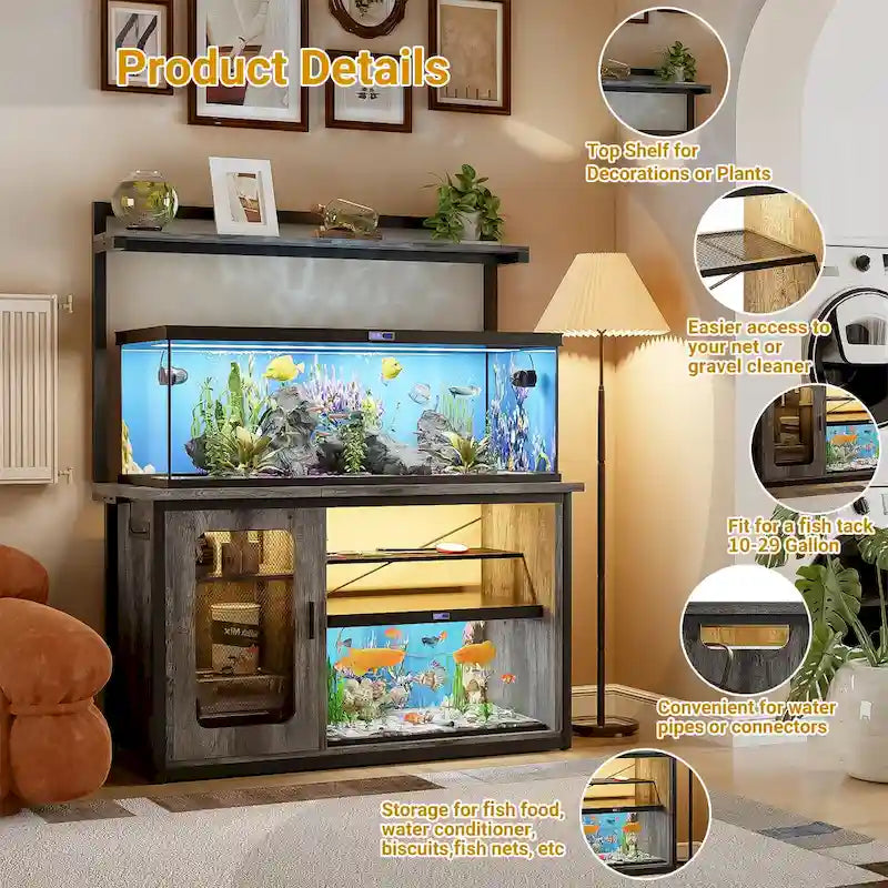 Meuble d'aquarium robuste avec placard réversible, support pour aquarium de 208-284 litres avec prises de courant et éclairage LED