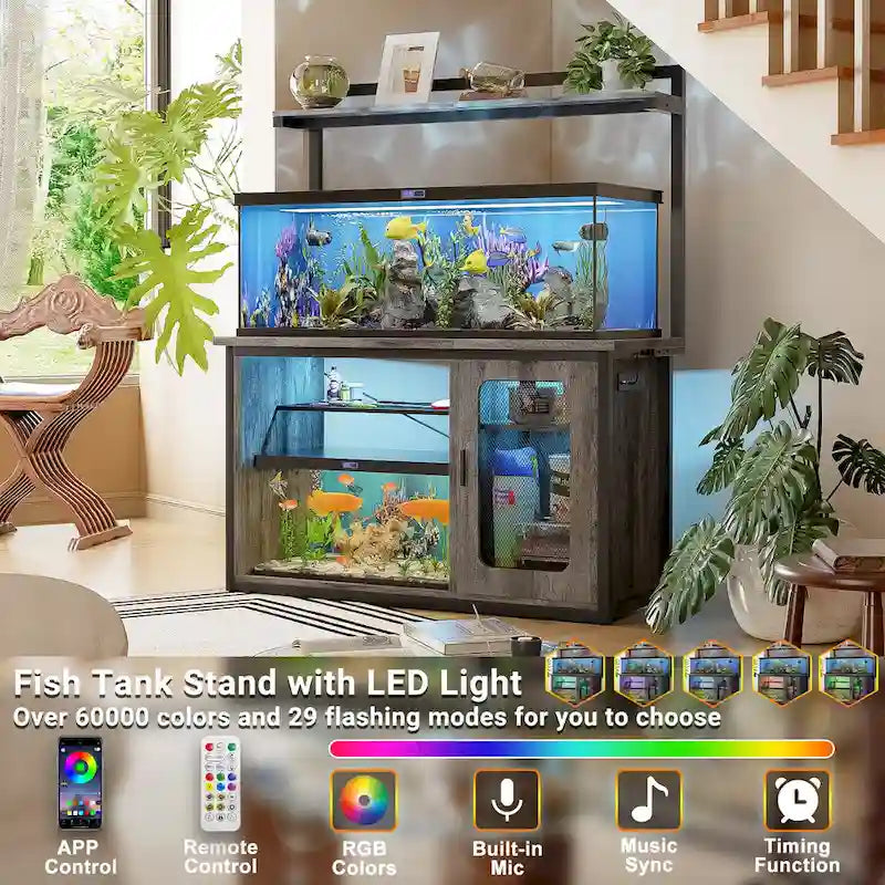 Meuble d'aquarium robuste avec placard réversible, support pour aquarium de 208-284 litres avec prises de courant et éclairage LED