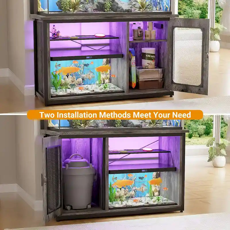 Meuble d'aquarium robuste avec placard réversible, support pour aquarium de 208-284 litres avec prises de courant et éclairage LED