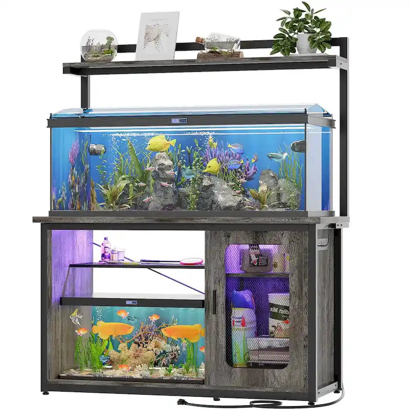 Meuble d'aquarium robuste avec placard réversible, support pour aquarium de 208-284 litres avec prises de courant et éclairage LED