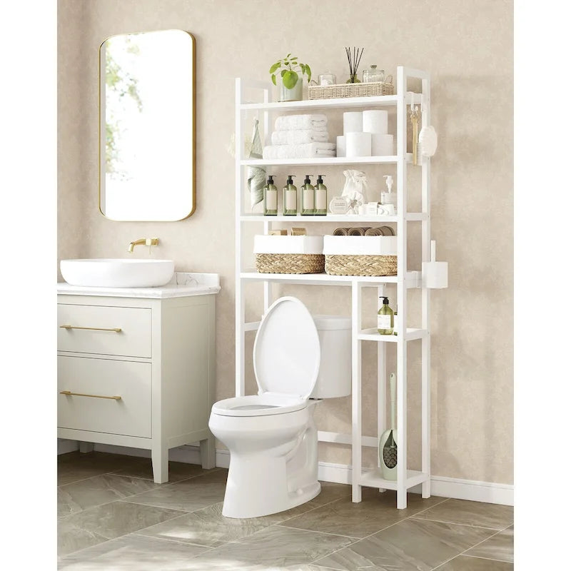 Étagère de rangement gain de place à 4 niveaux au-dessus des toilettes avec étagères réglables et cadre en osier - 83,1 L x 25,9 l x 184,9 H (cm)