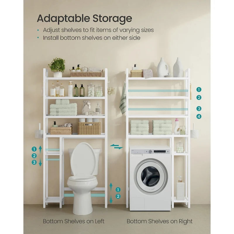 Étagère de rangement gain de place à 4 niveaux au-dessus des toilettes avec étagères réglables et cadre en osier - 83,1 L x 25,9 l x 184,9 H (cm)
