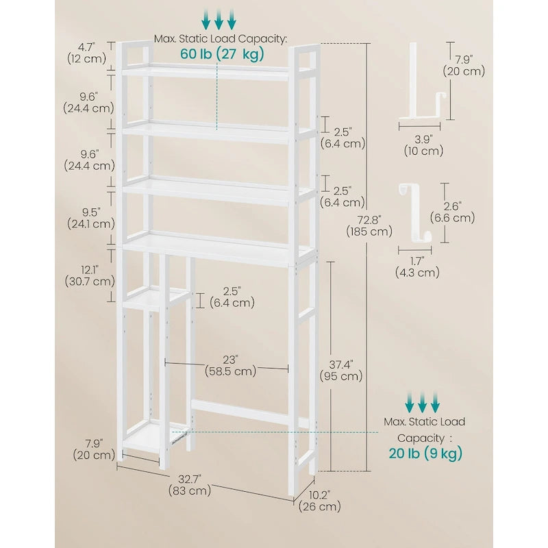 Étagère de rangement gain de place à 4 niveaux au-dessus des toilettes avec étagères réglables et cadre en osier - 83,1 L x 25,9 l x 184,9 H (cm)