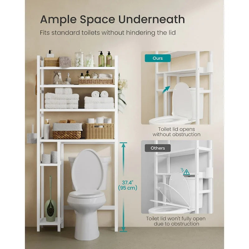 Étagère de rangement gain de place à 4 niveaux au-dessus des toilettes avec étagères réglables et cadre en osier - 83,1 L x 25,9 l x 184,9 H (cm)