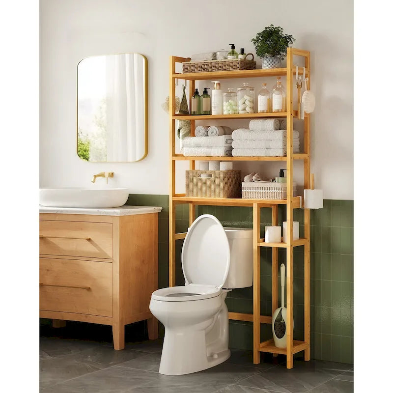 Étagère de rangement gain de place à 4 niveaux au-dessus des toilettes avec étagères réglables et cadre en osier - 83,1 L x 25,9 l x 184,9 H (cm)