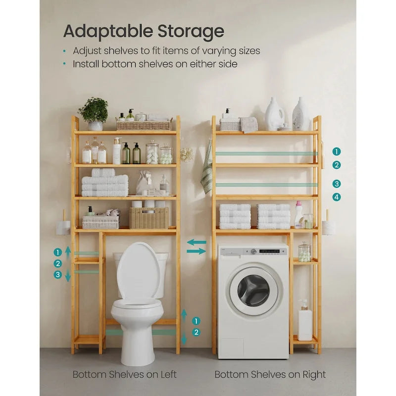 Étagère de rangement gain de place à 4 niveaux au-dessus des toilettes avec étagères réglables et cadre en osier - 83,1 L x 25,9 l x 184,9 H (cm)